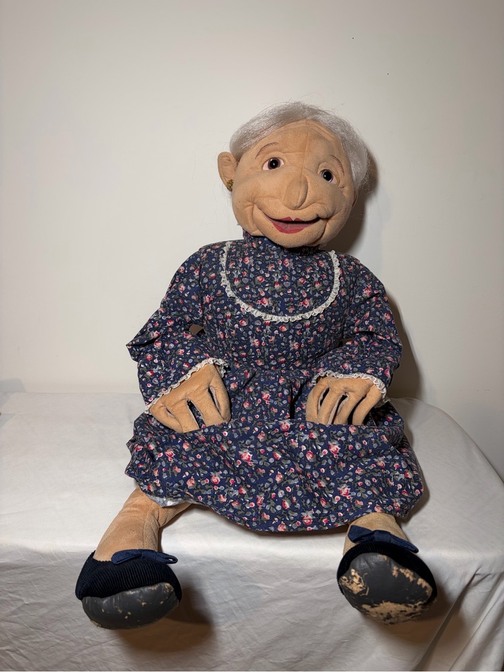 Very Rare Folkmanis Puppet Grandma Doll in Floral Navy Dress